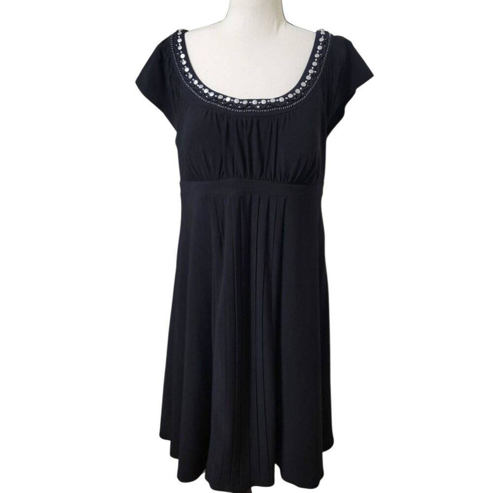 Signature by Sangria Black Silver Beaded Embellished Empire Pleated Dress Sz 16